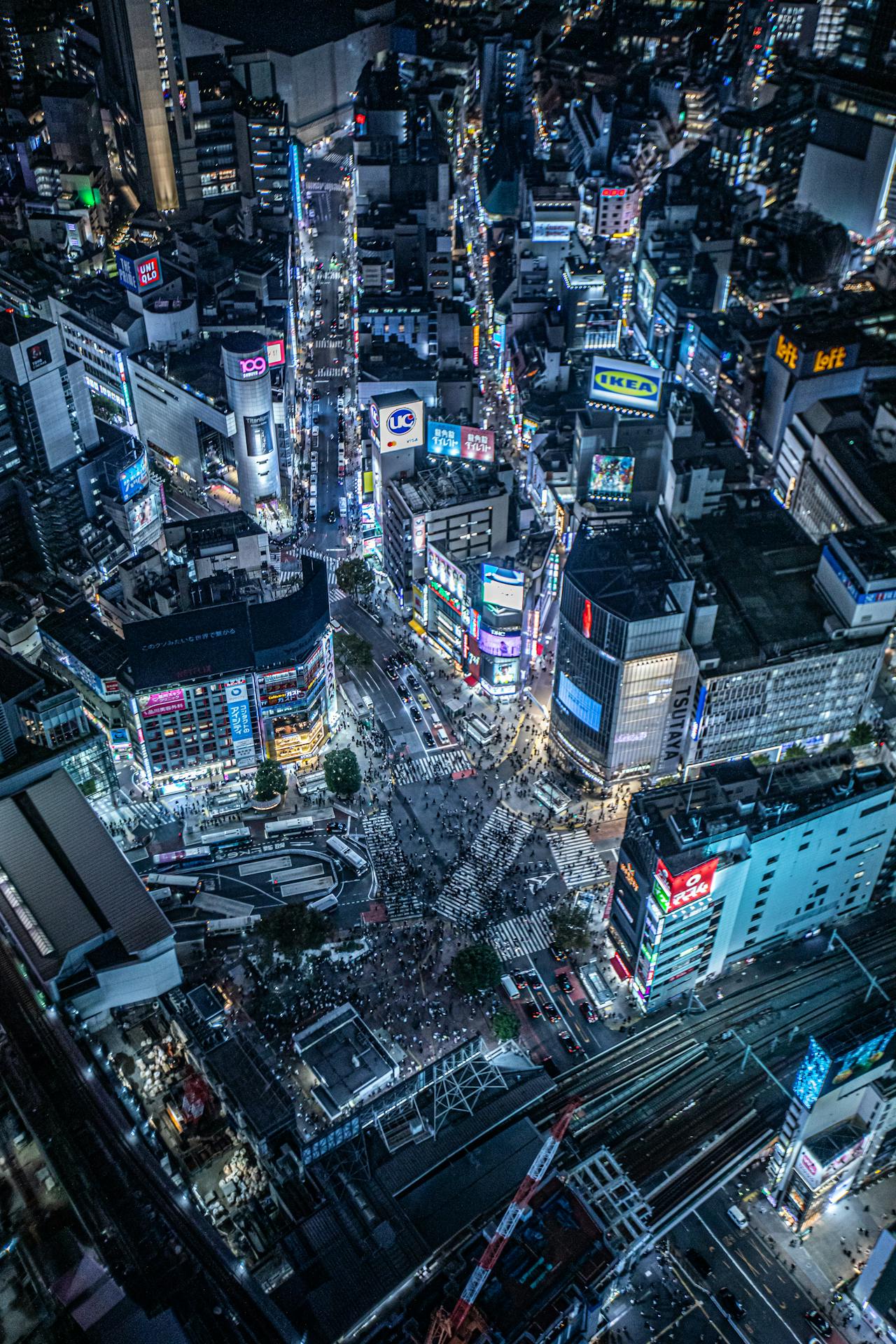 Aerial view of Shibuya in Tokyo at Night